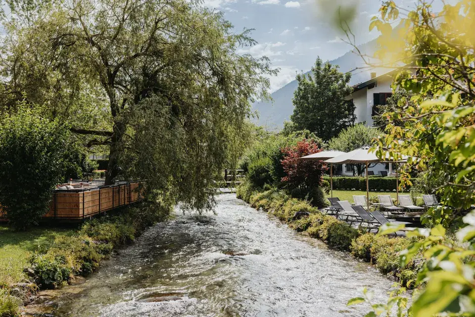 Exterior view of the park in summer; a path runs alongside the hotel, a meadow, and trees