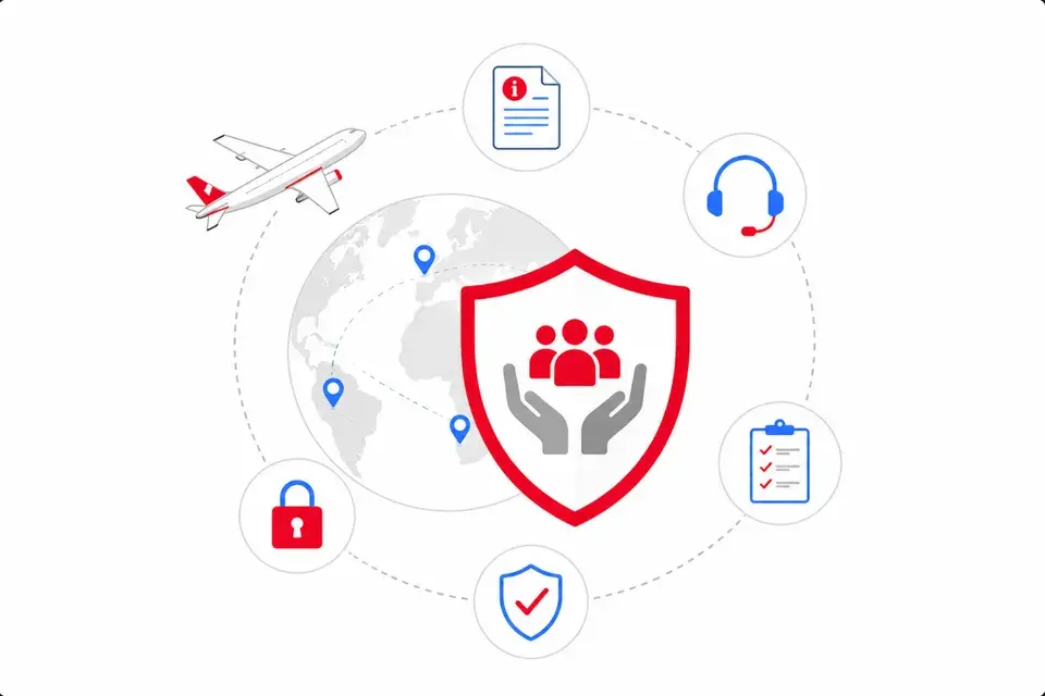 Illustration zu Reiserichtlinien und Sicherheit mit Schutzschild, Reisenden, Flugzeug, Dokumenten, Headset und Sicherheitssymbolen.