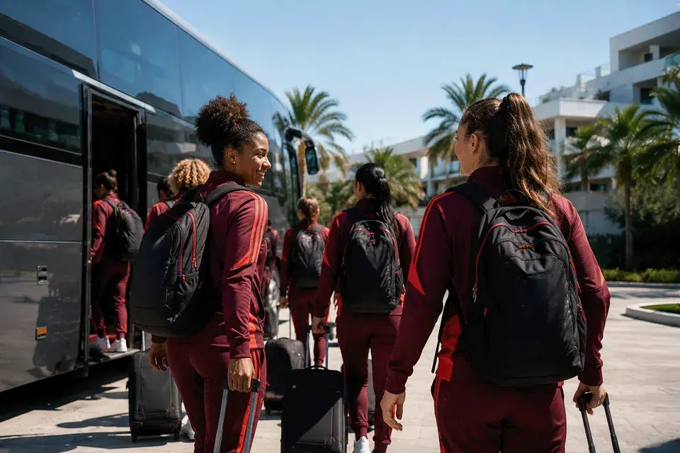 Spielerinnen eines Sportteams gehen mit Rucksäcken und Rollkoffern zu einem Reisebus.