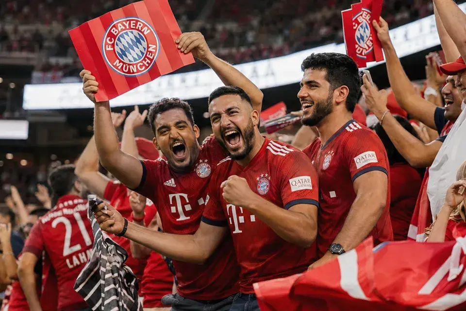 FC Bayern Fans in Trikots stehen gemeinsam auf einer Stadiontribüne und halten Schilder und Fanartikel mit dem Vereinslogo hoch.