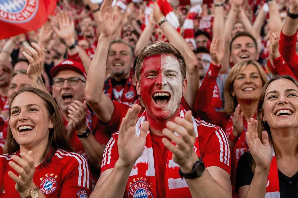 Fans des FC Bayern München in roten Trikots und Schals jubeln und applaudieren gemeinsam auf der Tribüne.