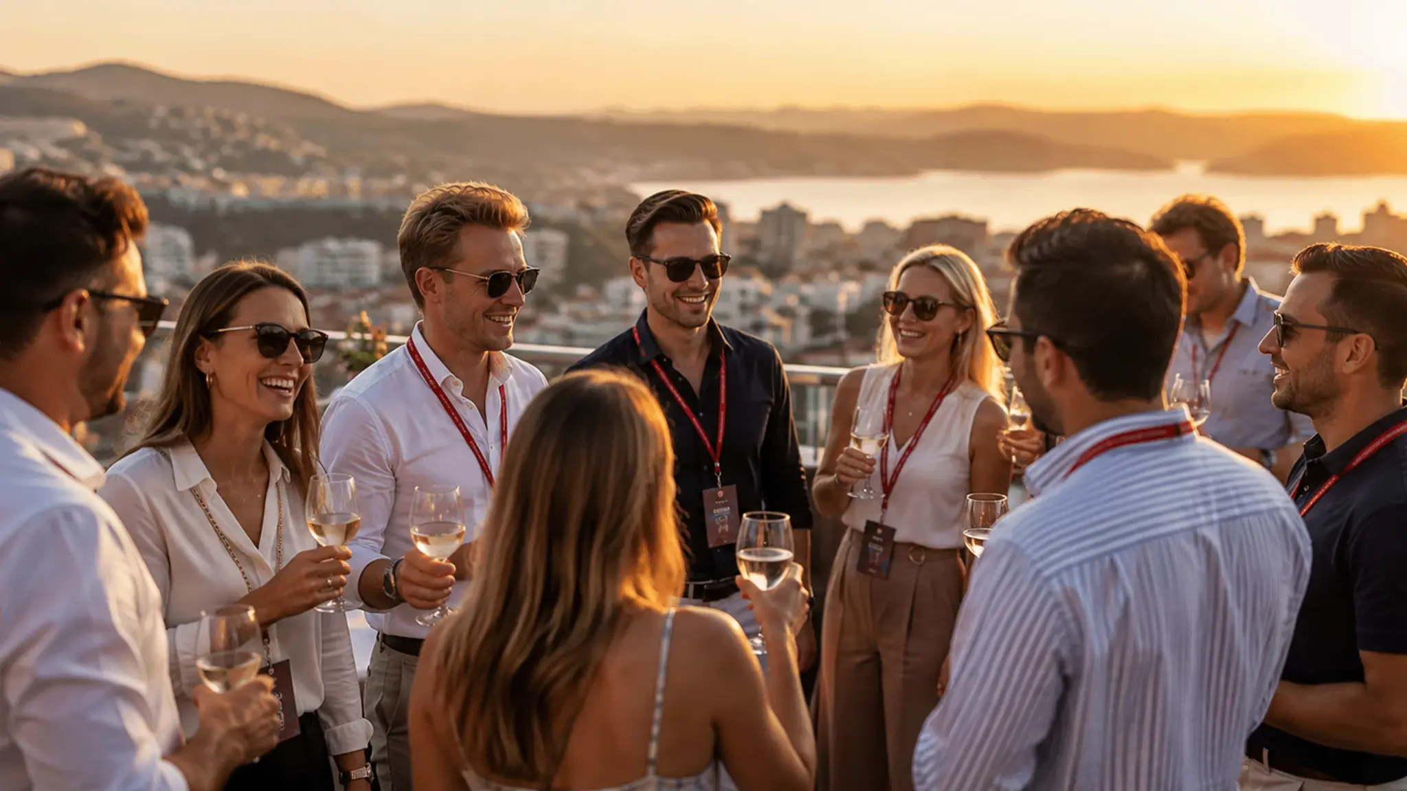 Eine Gruppe von Gästen steht bei Sonnenuntergang auf einer Terrasse mit Blick auf eine Küstenstadt und unterhält sich bei Getränken.