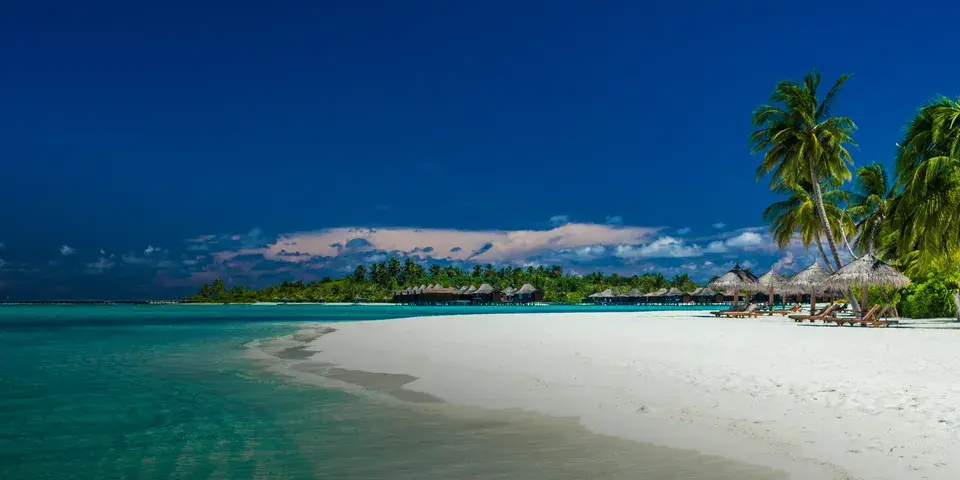 Tropischer Sandstrand mit Palmen und türkisfarbenem Meer auf den Malediven