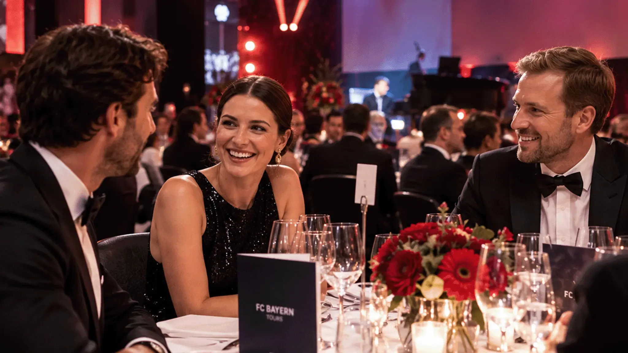 Elegant gekleidete Gäste unterhalten sich lachend an einem festlich gedeckten Tisch bei einem Galaabend.
