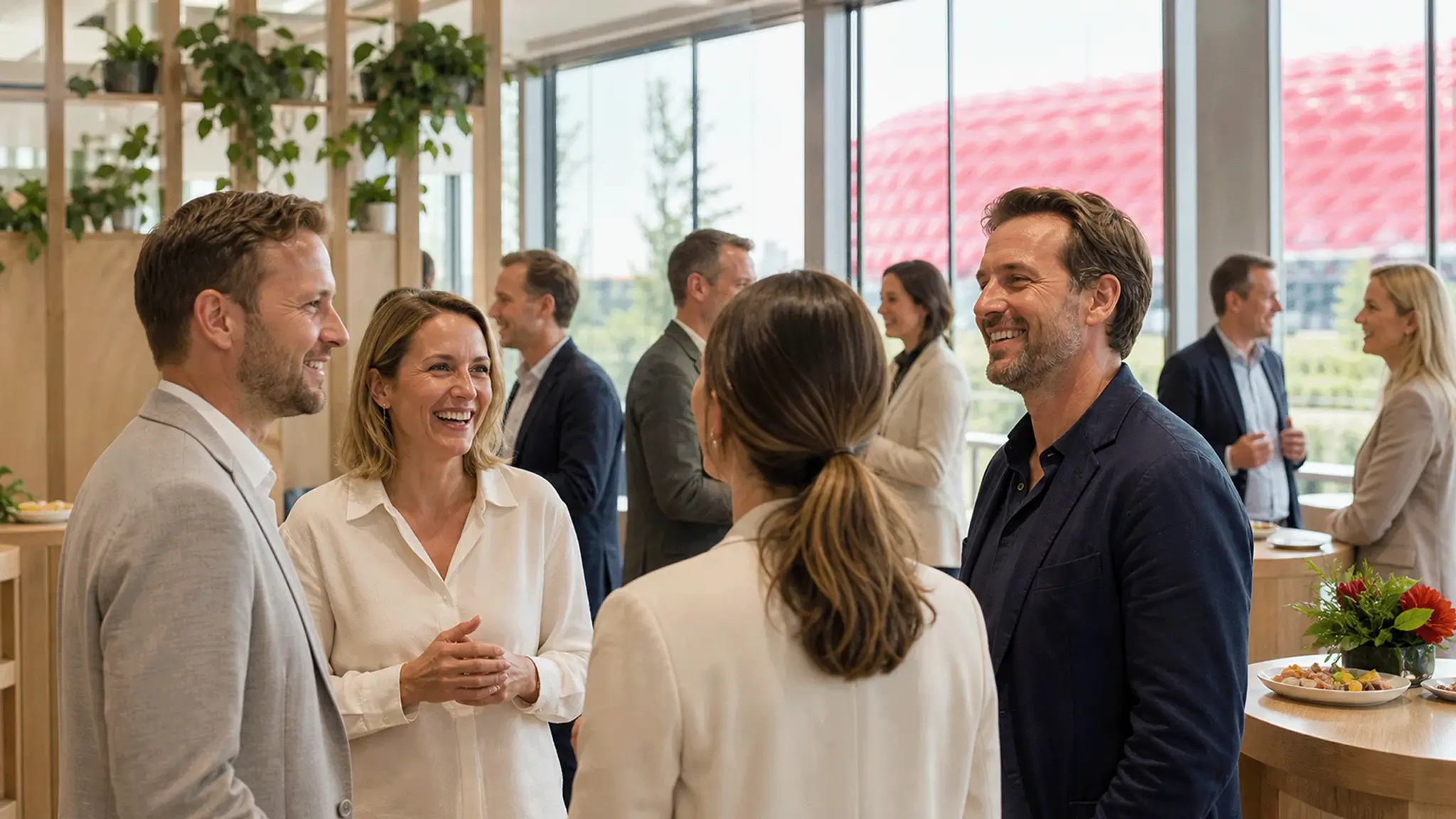 Gäste unterhalten sich in einem Hospitality-Bereich mit Blick auf die Allianz Arena.