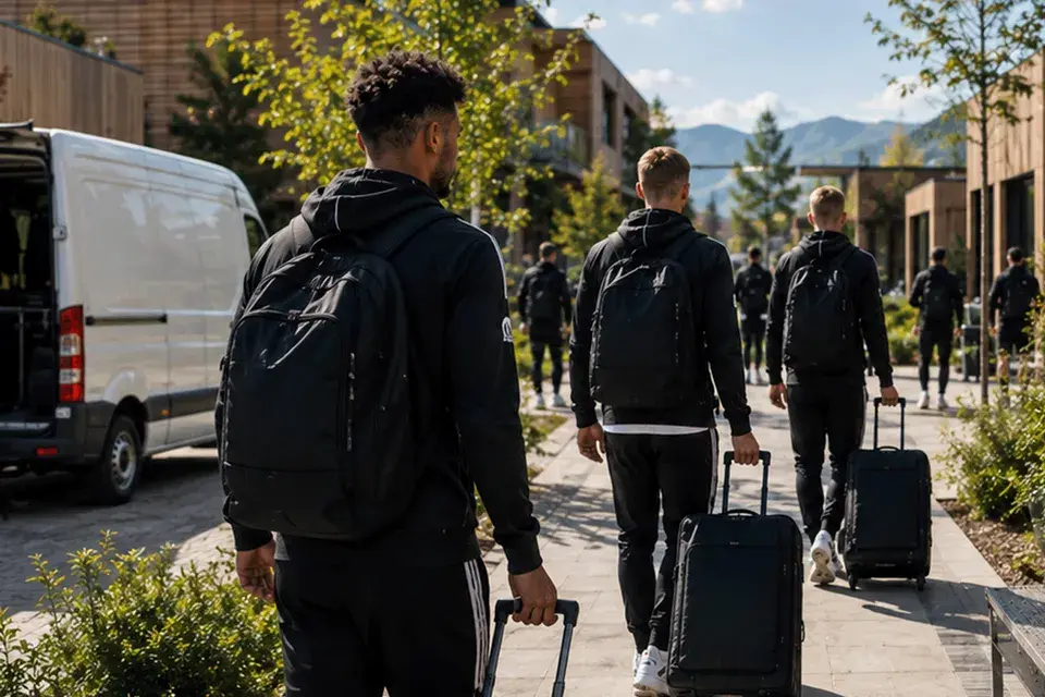 Mitglieder eines Sportteams gehen mit Rucksäcken und Rollkoffern durch eine Anlage mit Bergen im Hintergrund.